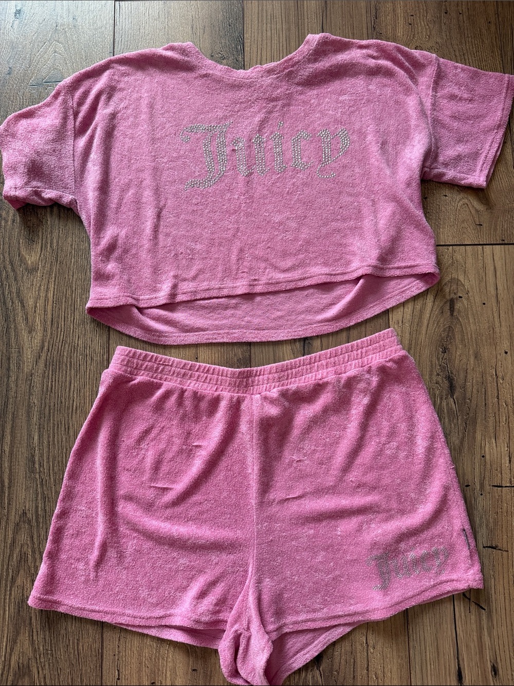 Vintage Y2K Juicy Couture Pink Terry Cloth Rhinestone Lounge Set - Size Large